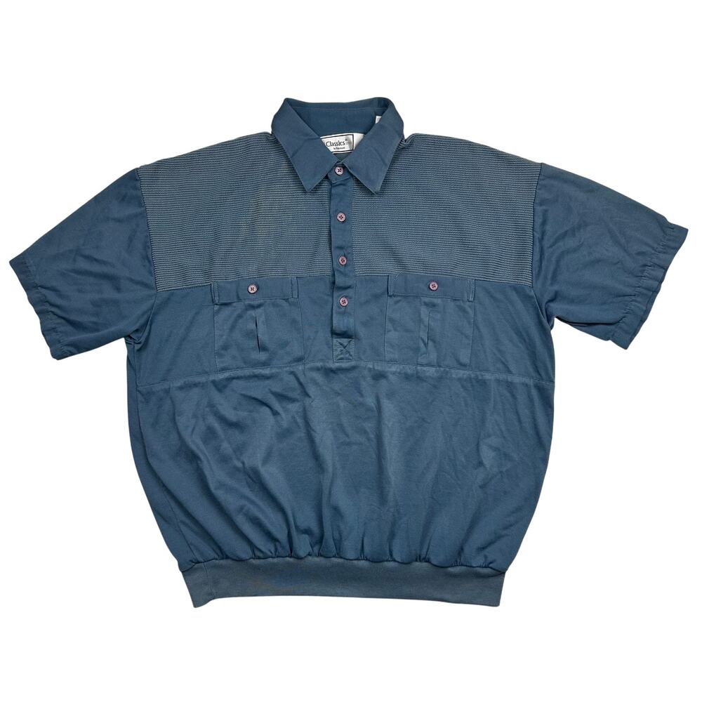 Classics by Palmland Polo Shirt Mens Large Blue Textured Retro Golf Banded Hem